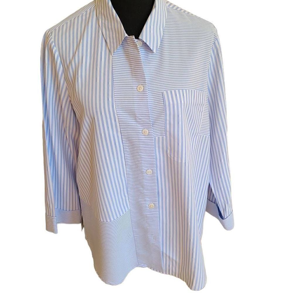 Cali Girls Women Blouse Button Up Collared Quarter Sleeve Pinstripes Blue Medium